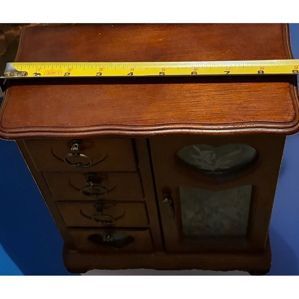 Vintage Wood Jewelry Armoire Box Heart Drawers Etched Glass Door 11
